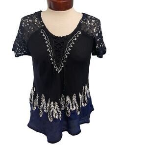 Sakkas Top Black Blue Embroidered Boho Whimsigoth Fairycore Boho Artsy Free Size